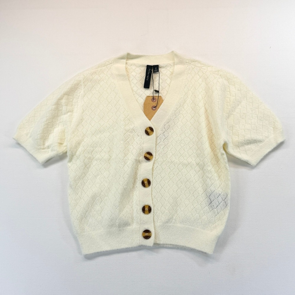 NEW Knot Sisters Anthropologie Ivory Pointelle Cardigan Sweater Size Small